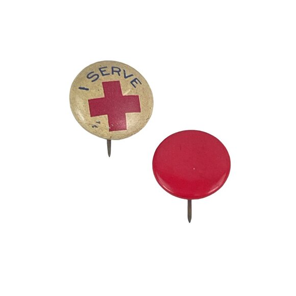 Vintage Red Cross "I Serve" & Red Button Pins - 1 Inch Diameter - Picture 3 of 5